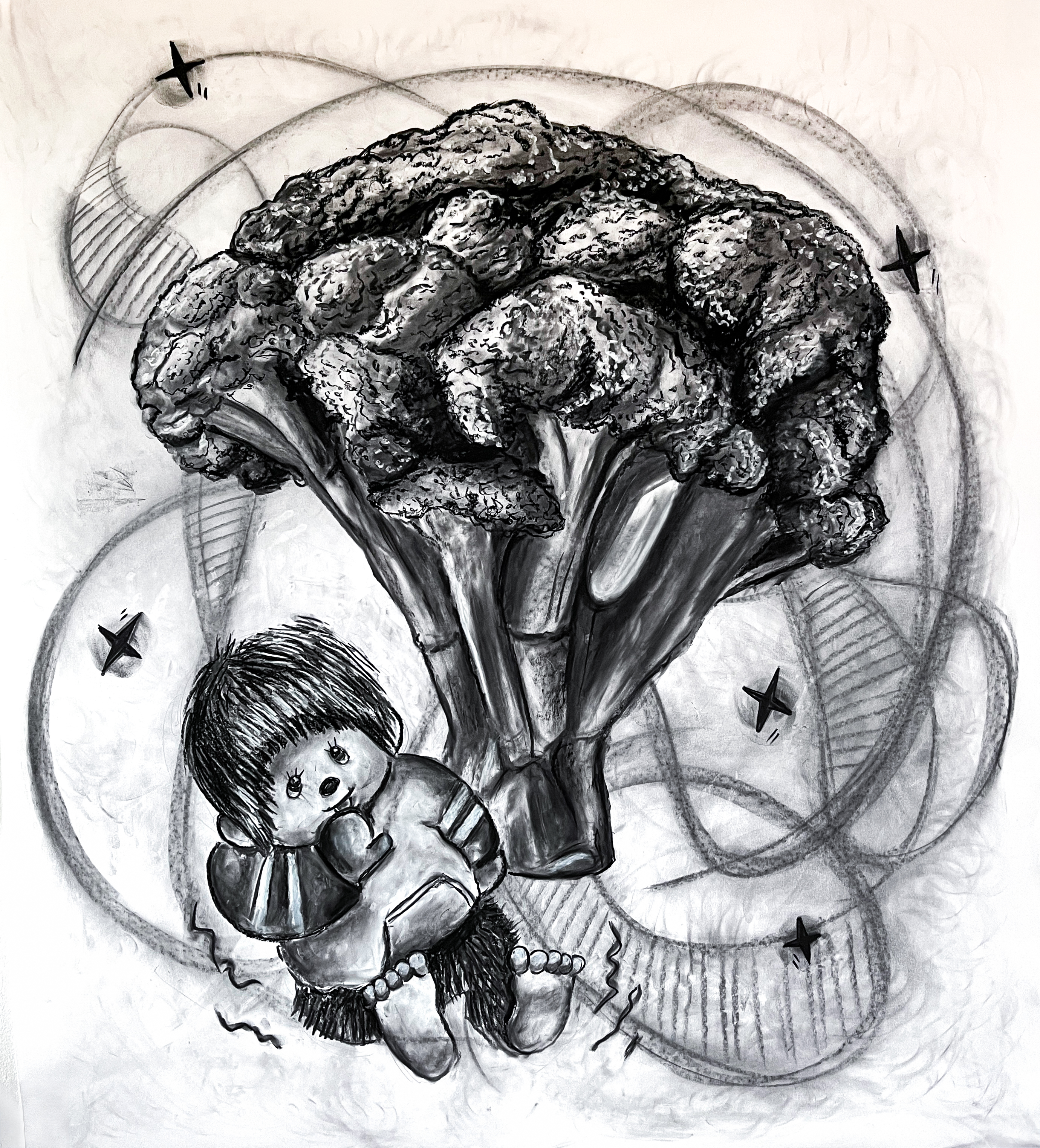 Monchichi and Broccoli - Charcoal on Paper